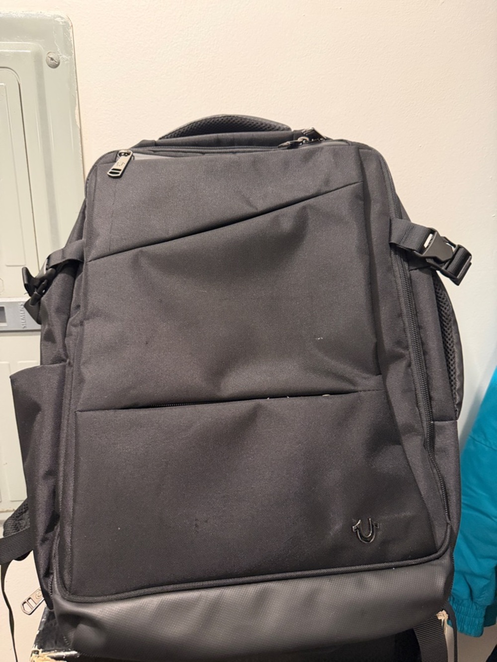True Religion Black Men's Backpack with Streamlined Front Panels